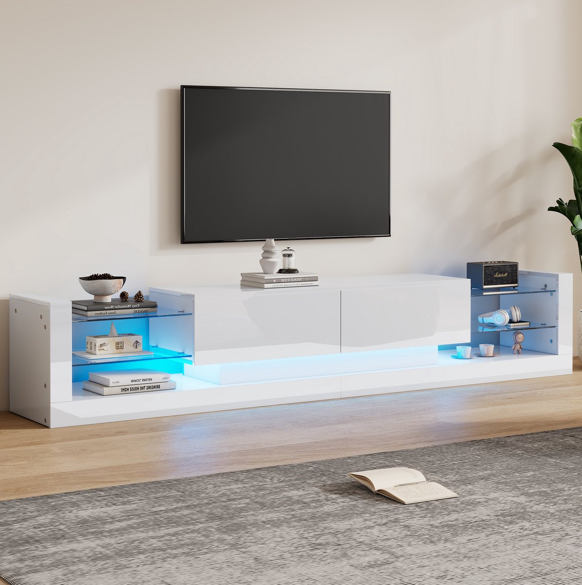 MEUNIQ TV-meubel 181 x 38 x 38 cm met LED-verlichting, glasfront, 2 opklapbare lades en open vakken voor tv's tot 80 inch, woonkamer, wit