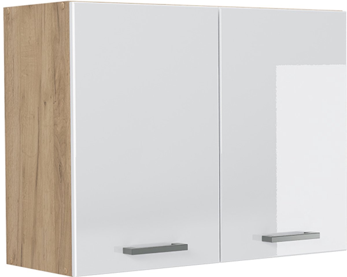 Vicco Glazen keukenkast R-Line, Wit Hoogglans/Goudkleurig Eiken, 80 cm