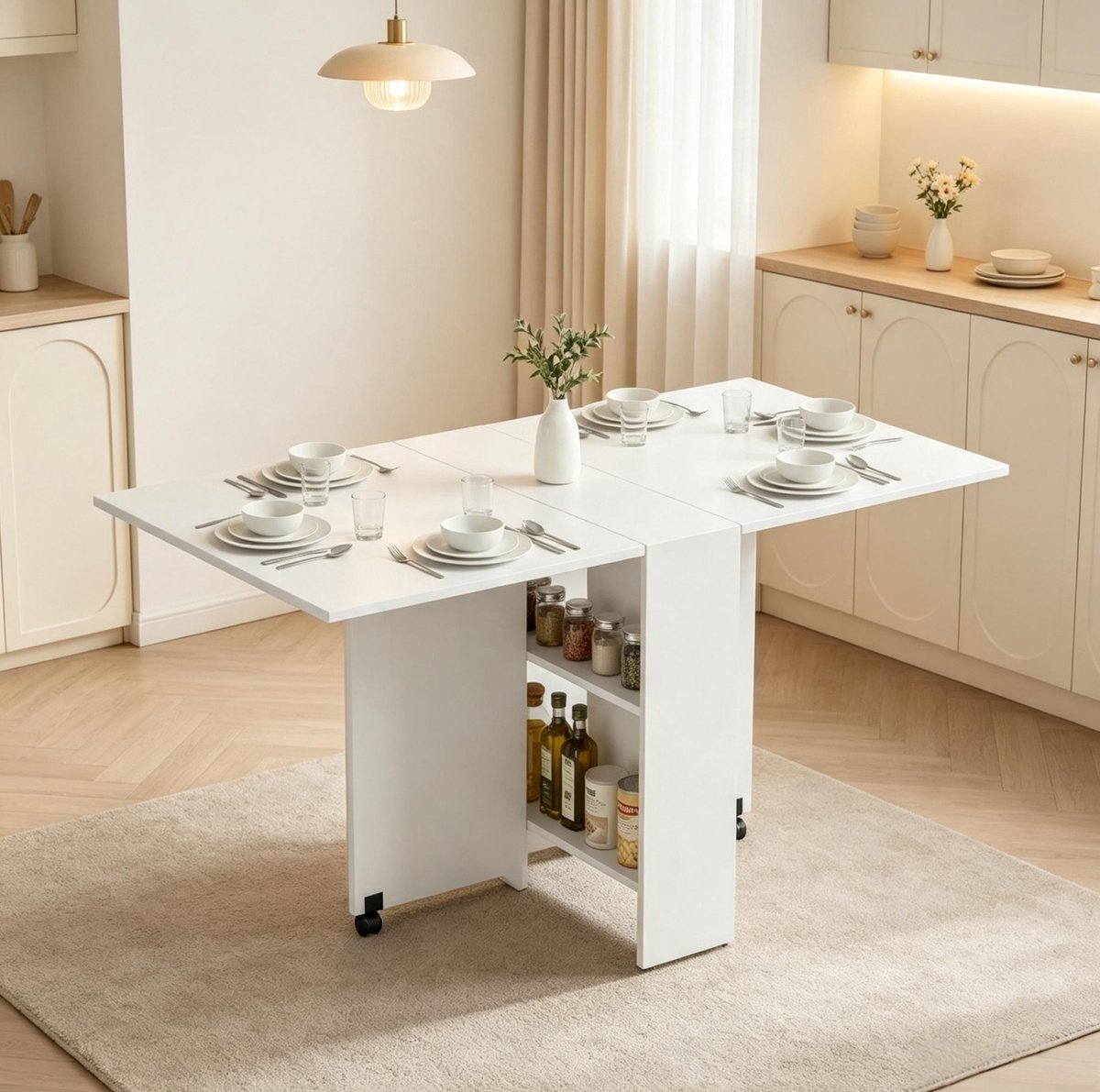 STILVORA Eettafel - Opklapbaar Met Wielen En Opbergruimte - Voor Kleine Keukens En Tot Zes Personen - Spaanplaat - 75 x 140 x 74 Cm - Wit