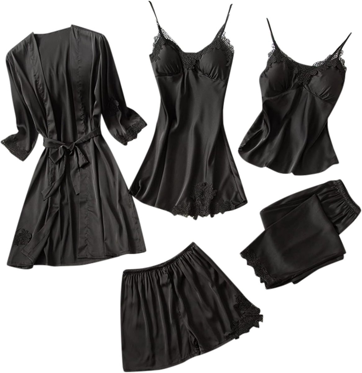 Damespyjama-set van satijn, bloemenkant, lingerie, nachtkleding