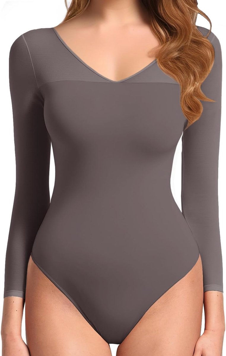 Bodysuit voor dames, V-hals, lange mouwen, bodypak, vormende body's, bevat een korte rok, roze-violet, XL