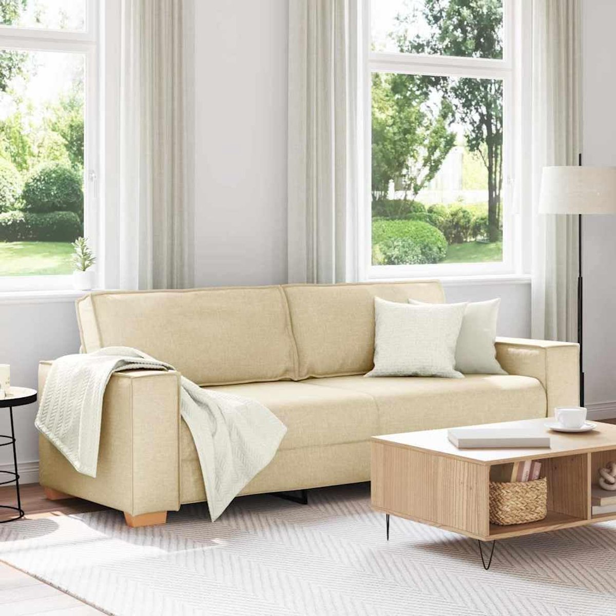 Stoffen bank met metalen frame en ademende polyesterstof, perfecte woonkamer woonlandschap voor eigentijdse inrichting, crème 220 x 80 x 84 cm, comfortabel