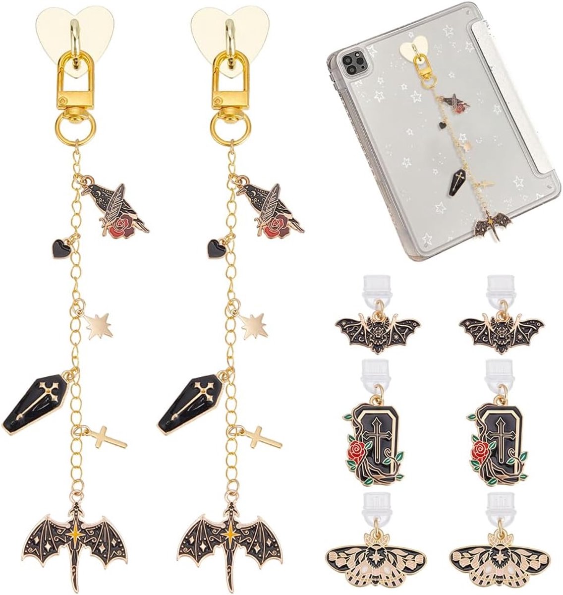 Compatibel met Kindles, inclusief 2 stuks gotische bedelkettingen met hart grip houder en 6 stuks gothic stofplug bedels Type-C stofstekkers accessoires voor e-readers boekenwurm
