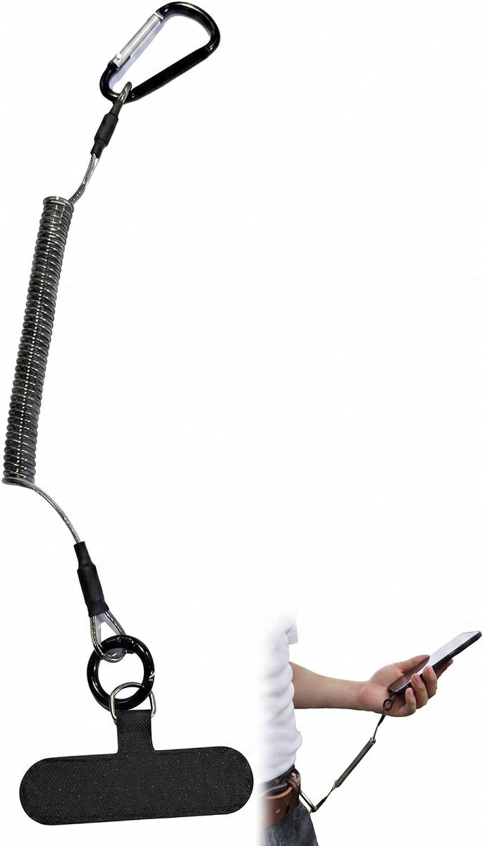 1 x intrekbare koord voor mobiele telefoon, met veiligheidskarabijnhaak, stevige grip en handsfree, koord voor mobiele telefoon en diefstalbeveiliging, voor wandelen, fietsen, reizen (zwart)