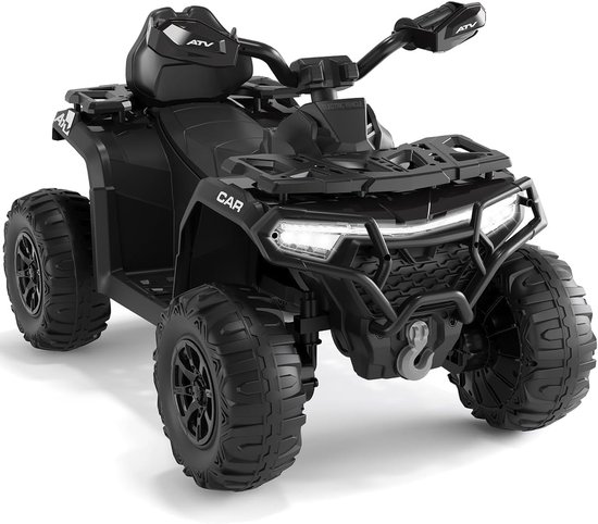 Zwarte kinderquad met grote banden, koplampen en 'CAR'-opschrift op de zijkant.