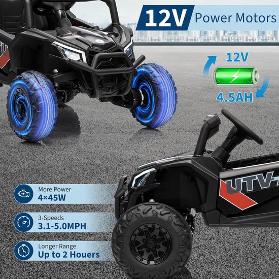 Zwarte elektrische UTV met lichtgevende blauwe wielen, 12V motoren, 45W vermogen en snelheidsindicaties.