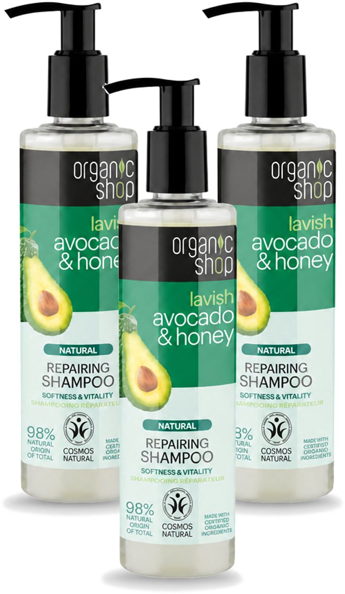 3 x Organic Shop - Natural Repairing Shampoo - Avocado & Honey - Hydraterend en Herstellend - 280 ml - Voordeelverpakking - 3 stuks