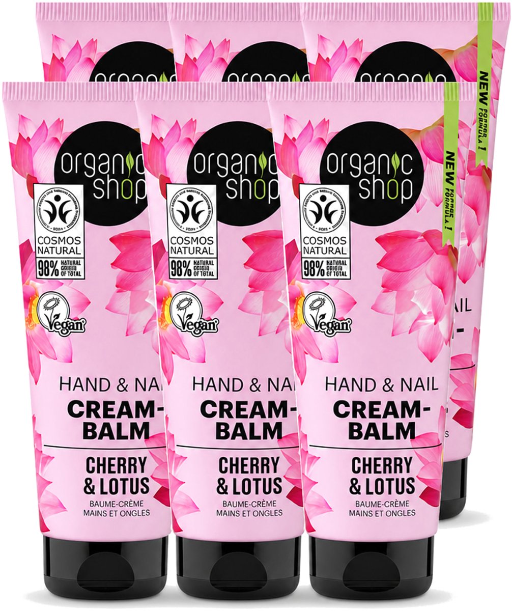 6 x Organic Shop - Hand & Nail Cream - Cherry & Lotus - Verzorgend en Hydraterend - 75 ml - Voordeelverpakking - 6 stuks
