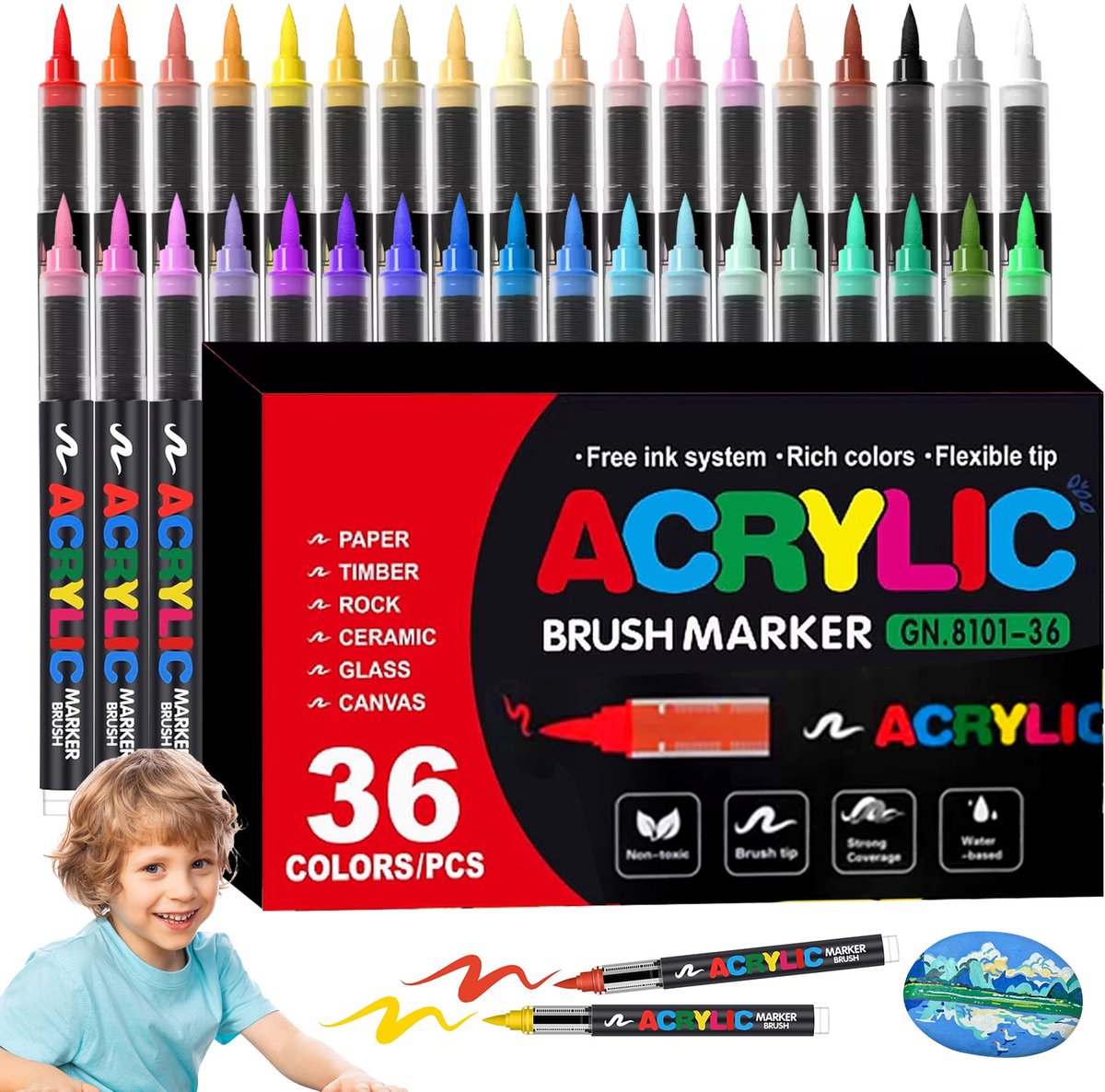 36 Acrylstiften Set- Acrylmarkers - Vloeibare Markers - Rijke Kleuren - 1-6 mm Flexibele Punt - Watervast & Sneldrogend & Niet-giftig - Kleurvast - met Opbergdoos - Voor Hout & Glas & Steen & Textiel - DIY - Knutselen & Schilderen
