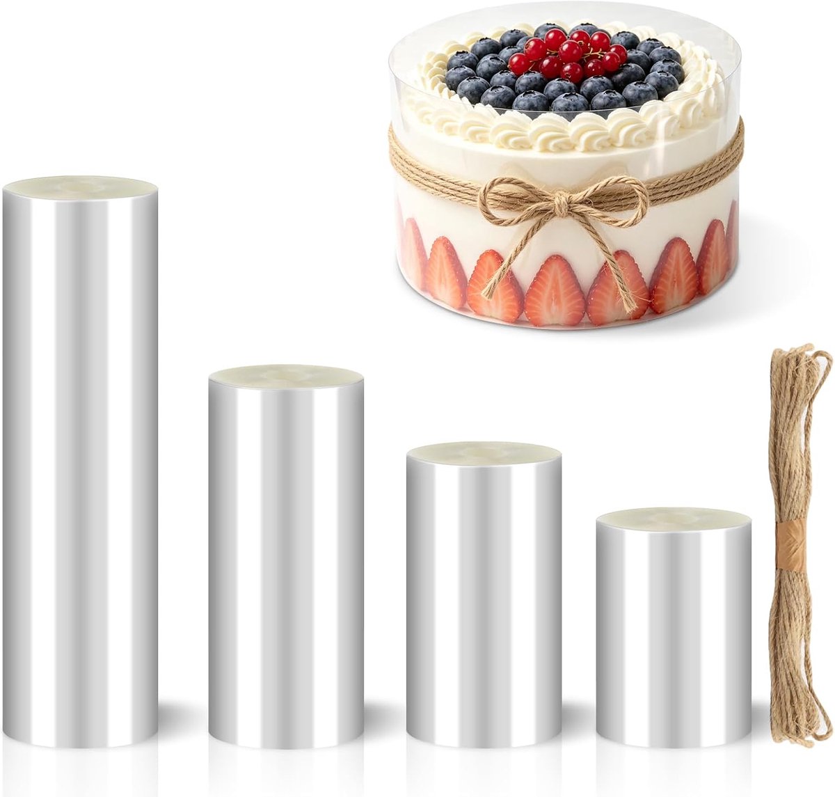 Taartrandfolie, 4 rollen transparante acetaatrol, taartfolie, 6/8/10/15 cm hoog x 10 m transparante rol taartbanden, harde taartfolie voor taartdecoratie, chocolade, mousse, dessertringen