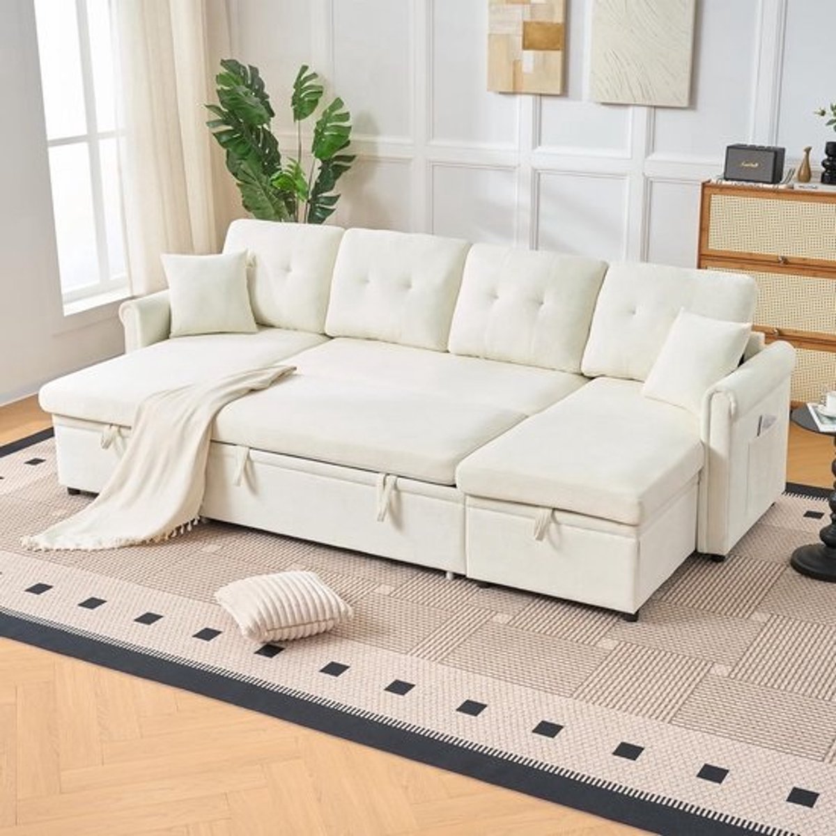 Grote U-vormige Hoekbank met Slaapfunctie en Opbergruimte, 4-zits Slaapbank Fluweel Beige