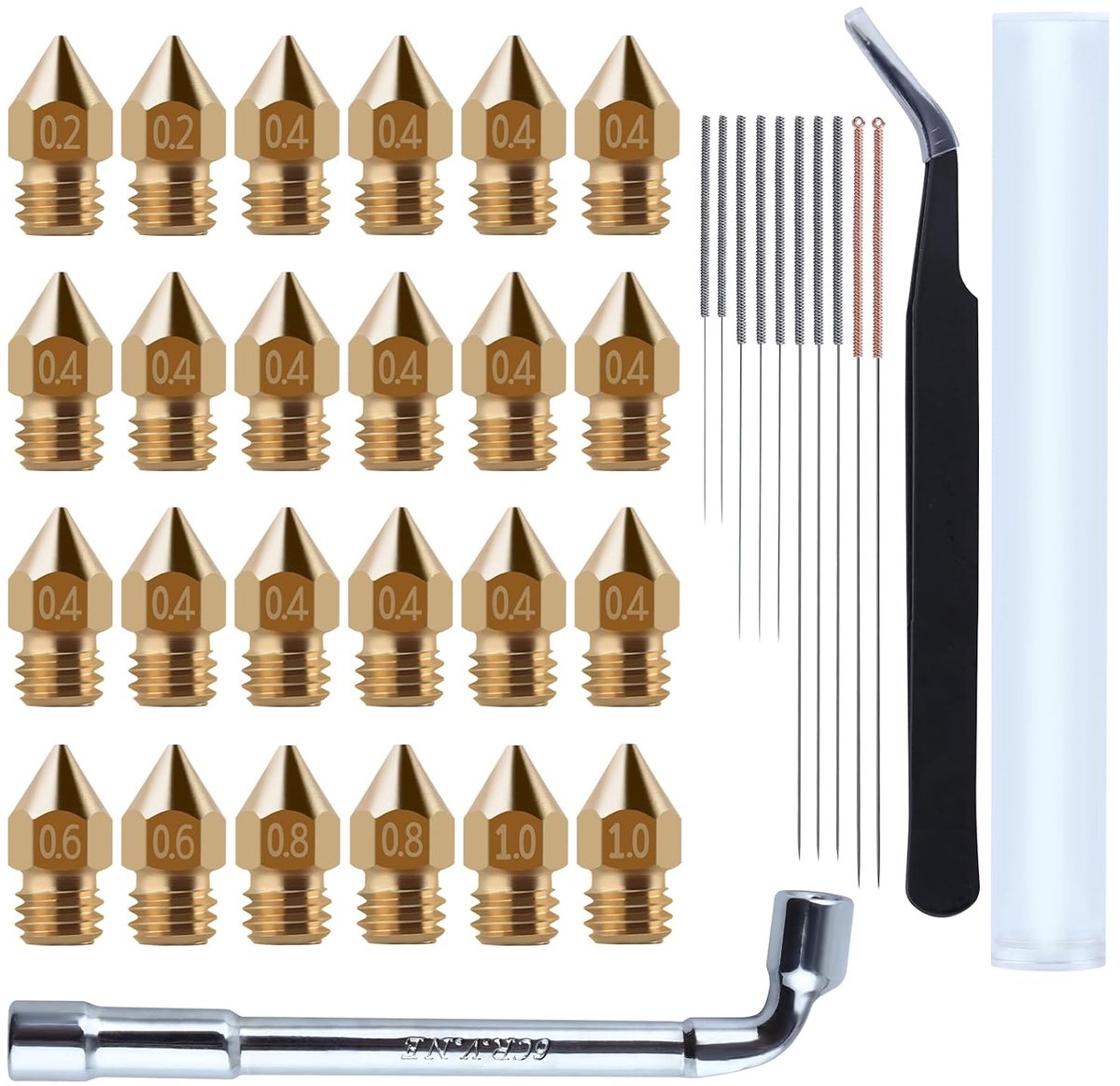 24-delige set MK8 messing spuitstukken 0,2/0,4/0,6/0,8/1,0 mm voor 3D-printer, met reinigingsset en gereedschap, compatibel met Creality Ender 3/Pro/S1/CR-10