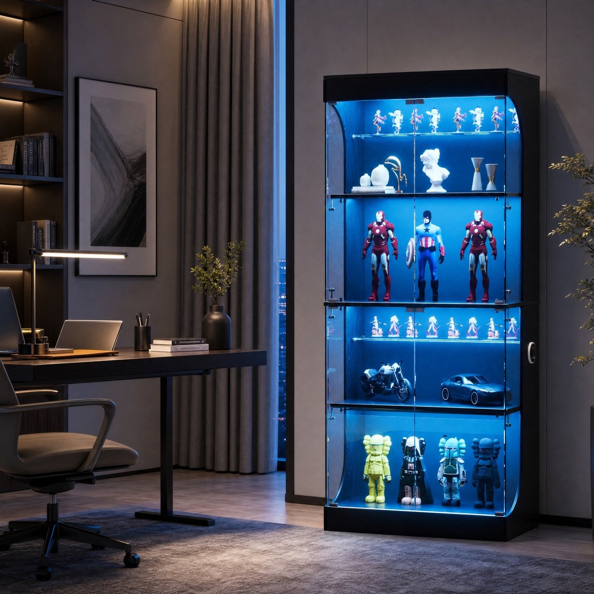 MEUNIQ vitrinekast van glas 80 x 35 x 165 cm met 4 niveaus, glazen deuren, LED-verlichting, bewegingssensor, USB en USB-C, zwart