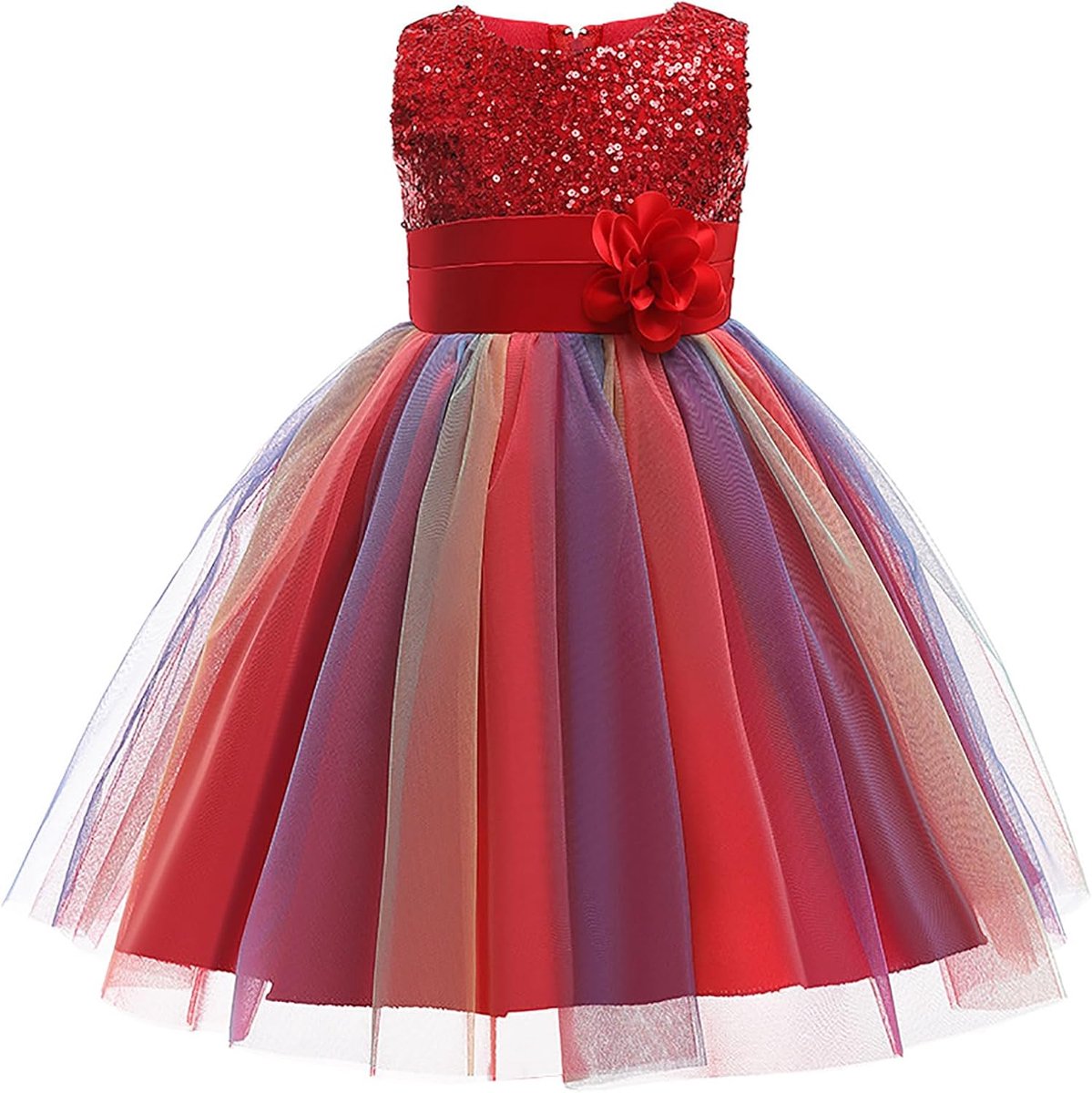 MUNCASO Prinsessenjurk voor meisjes, pailletten, tule, bloem, regenboog, ronde kraag, mouwloos, avondjurk, verjaardagsfeest, bruiloft, bruidsmeisje, kleine kinderen, baby, leeftijd van 2-13 jaar