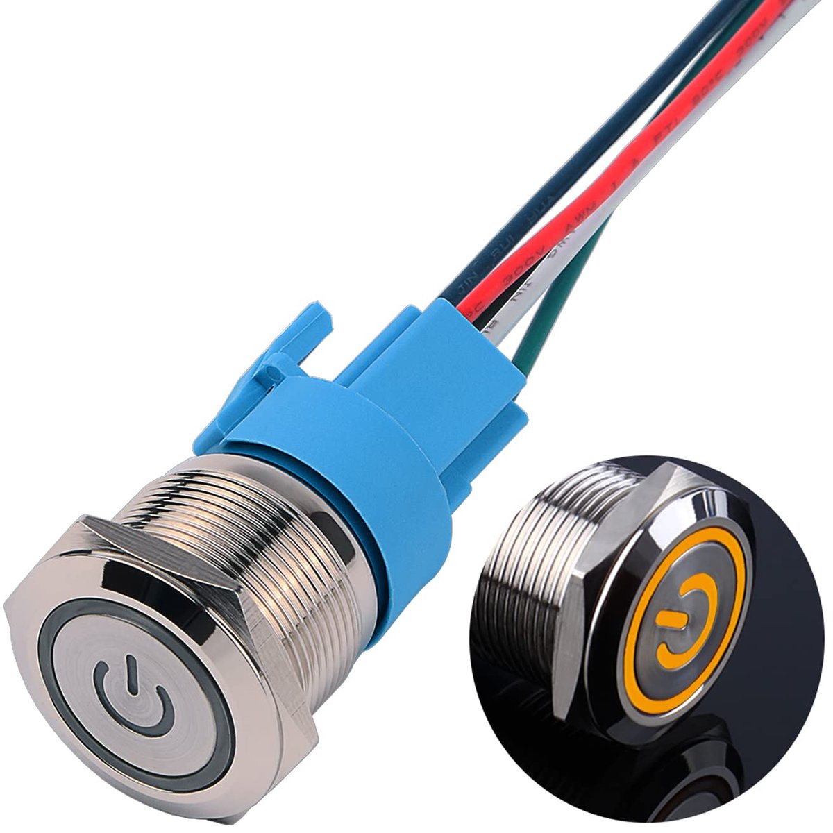 metalen drukschakelaar, 22 mm, 12 V tot 24 V, 5 A, vergrendeling, aan/uit-schakelaar met geel led-symbool, IP66, 1NO1NC, vergrendeling, waterdichte voorbekabelde