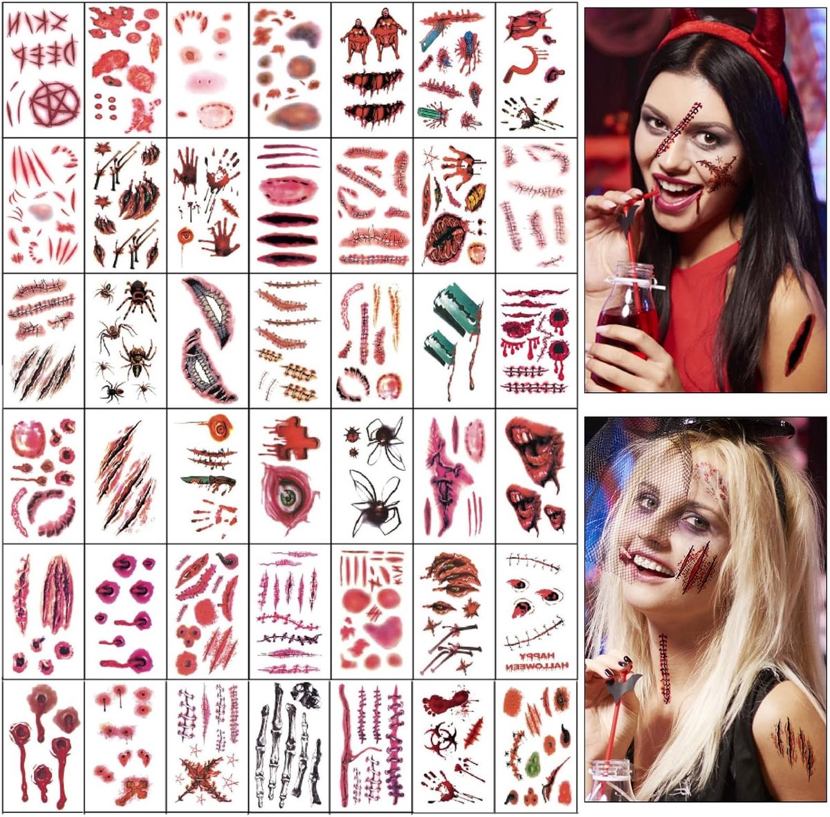 Tijdelijke tatoeages, 350 stuks Halloween-tatoeages, Halloween, zombie-scars, tatoeages, spinnen, littekens, bloed, horror, spinnen, horrorspen, Halloween-tatoeages, gezicht voor Halloween,