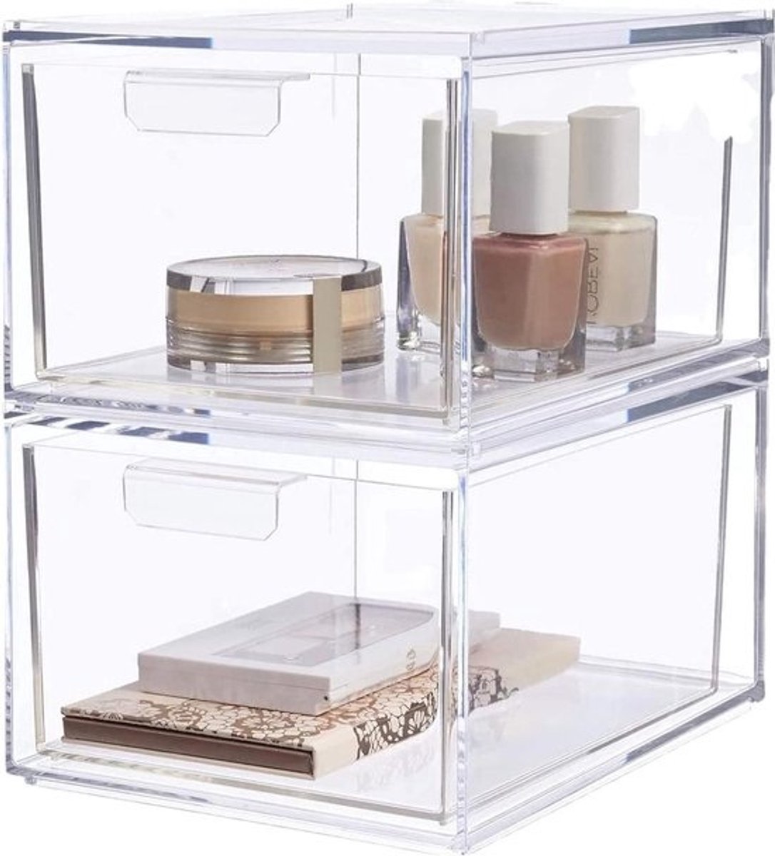 Doorzichtige plastic organizerladen - set van 2 stapelbare laden van 45 centimeter hoog - cosmetica opbergbakken organiseren