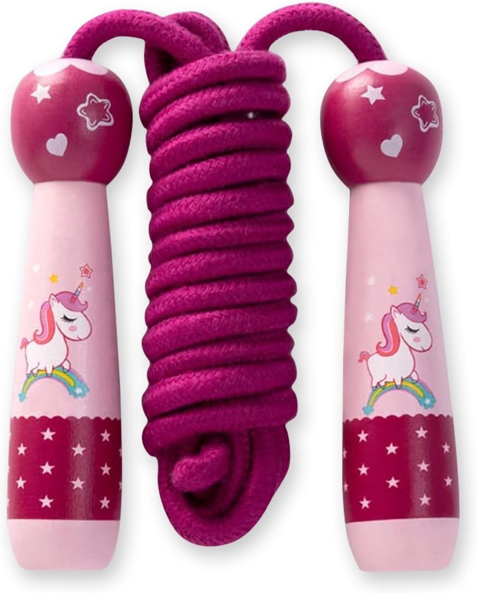Verstelbaar springtouw voor kinderen met houten handvat, 2,6 m lang, ideaal voor fitness en spelletjes, eenhoorn design en comfortabele grip