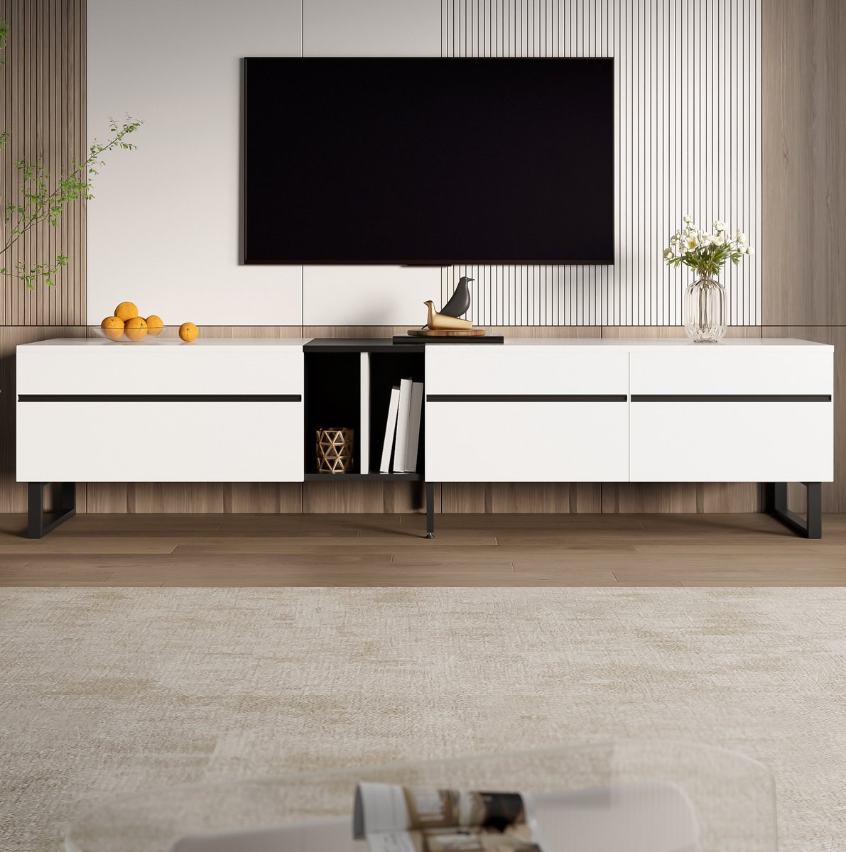 MEUNIQ TV-lowboard 180 x 38 x 45 cm met klepvak, open vak en twee deurvakken, verstelbare poten, TV-meubel voor woonkamer, wit