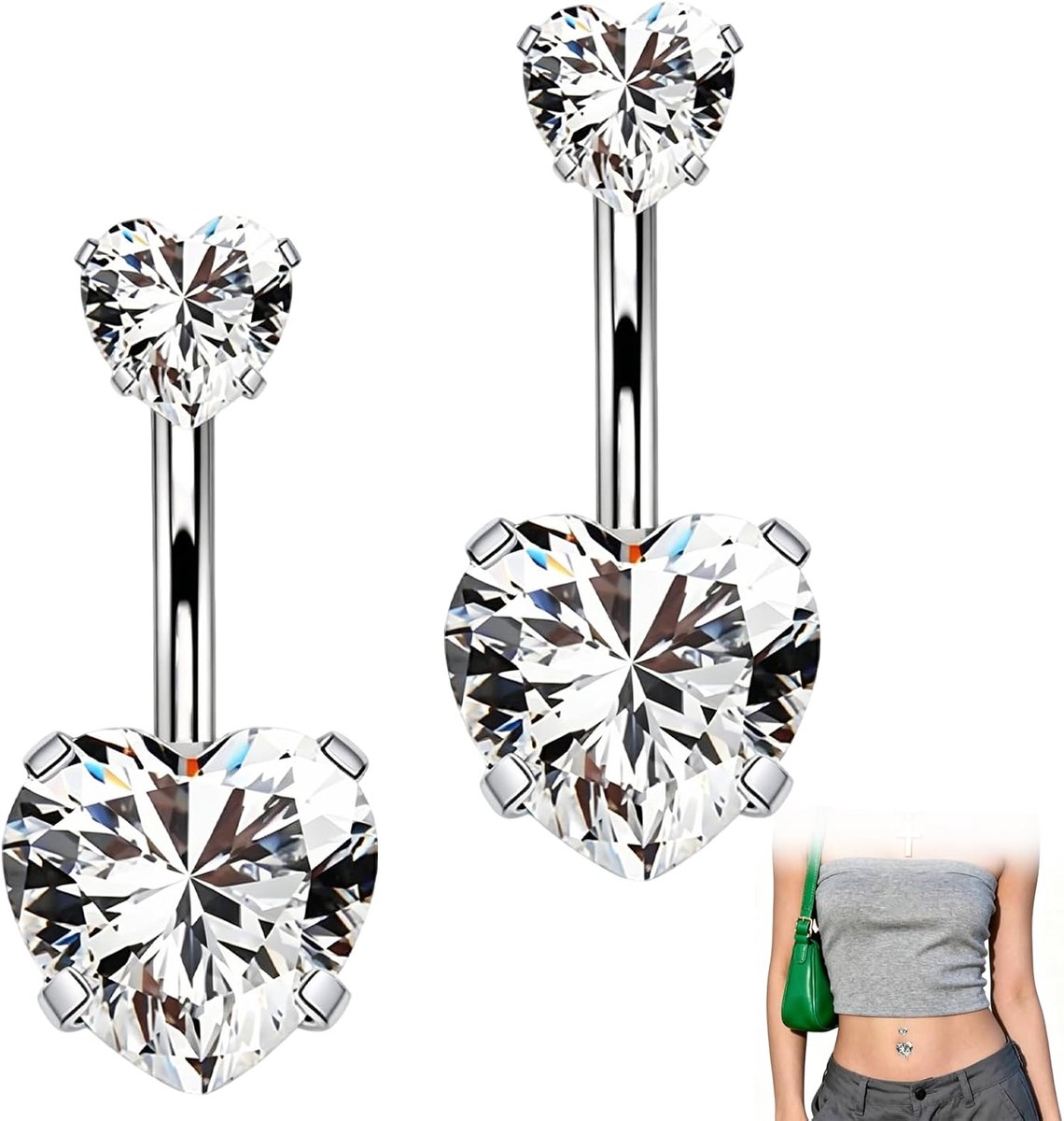 set voor dames, 2 stuks, 10 mm, hartvormig design met cubische zirkonia, roestvrij staal 316L, geschikt voor gevoelige huid, zilver, voor dagelijks en strandgebruik