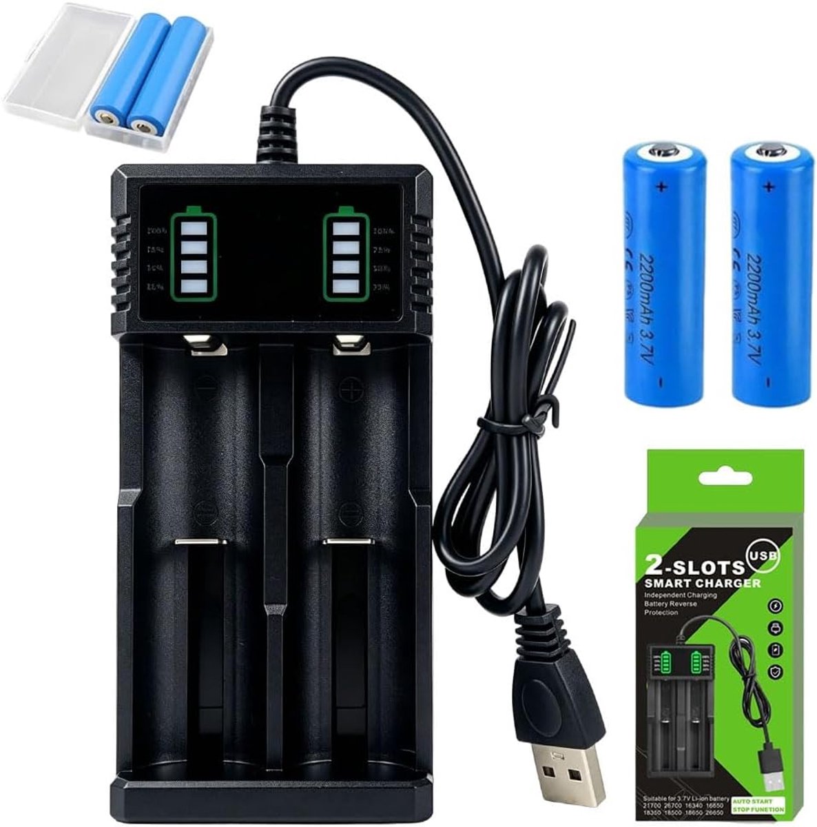 3,7 V accu met oplader, 2 stuks 2200 mAh oplaadbare NIMH met 2-soll oplader, acculader met USB-kabel, led-display, voor zaklamp, hoofdlampen, camera