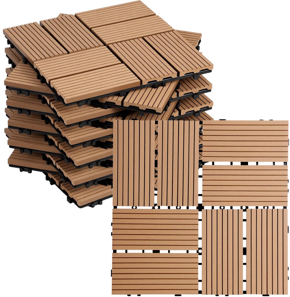 tegels 30 x 30 cm, 11 stuks 1 m², weerbestendig, waterdicht, teak | WPC terrastegels met kliksysteem, kunststof tegels met drainage, voor balkon, tuin, eenvoudig te leggen