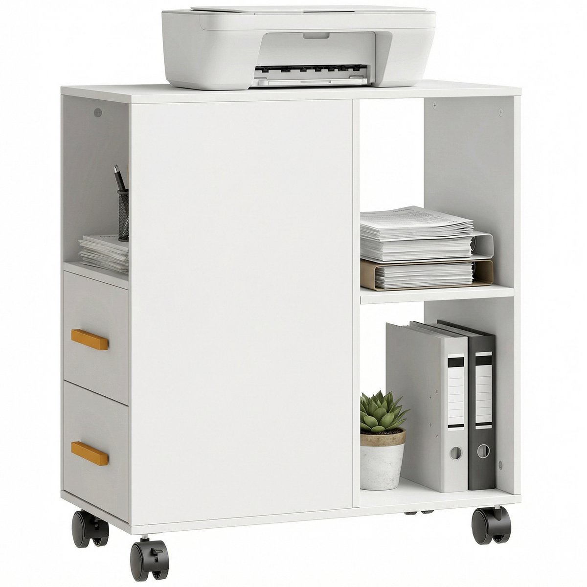 Printerstandaard/tafel met verstelbare plank-wielen voor fax en scanner-60 x 30 x 65 cm-wit