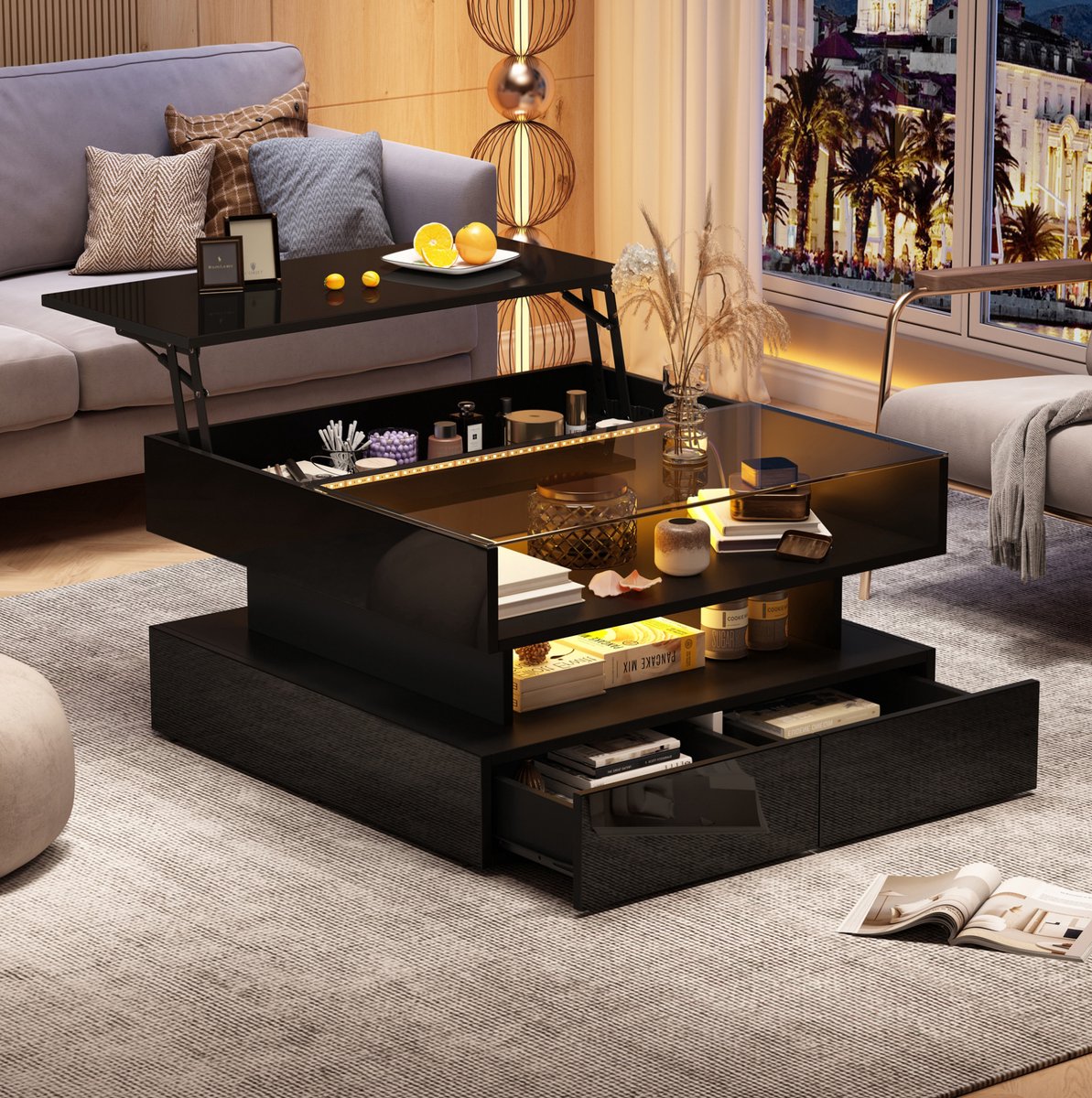 MEUNIQ Salontafel 80 x 80 x 45 cm – hydraulisch in hoogte verstelbaar met verborgen opbergruimte, 2 lades, glazen blad en ledverlichting – zwart