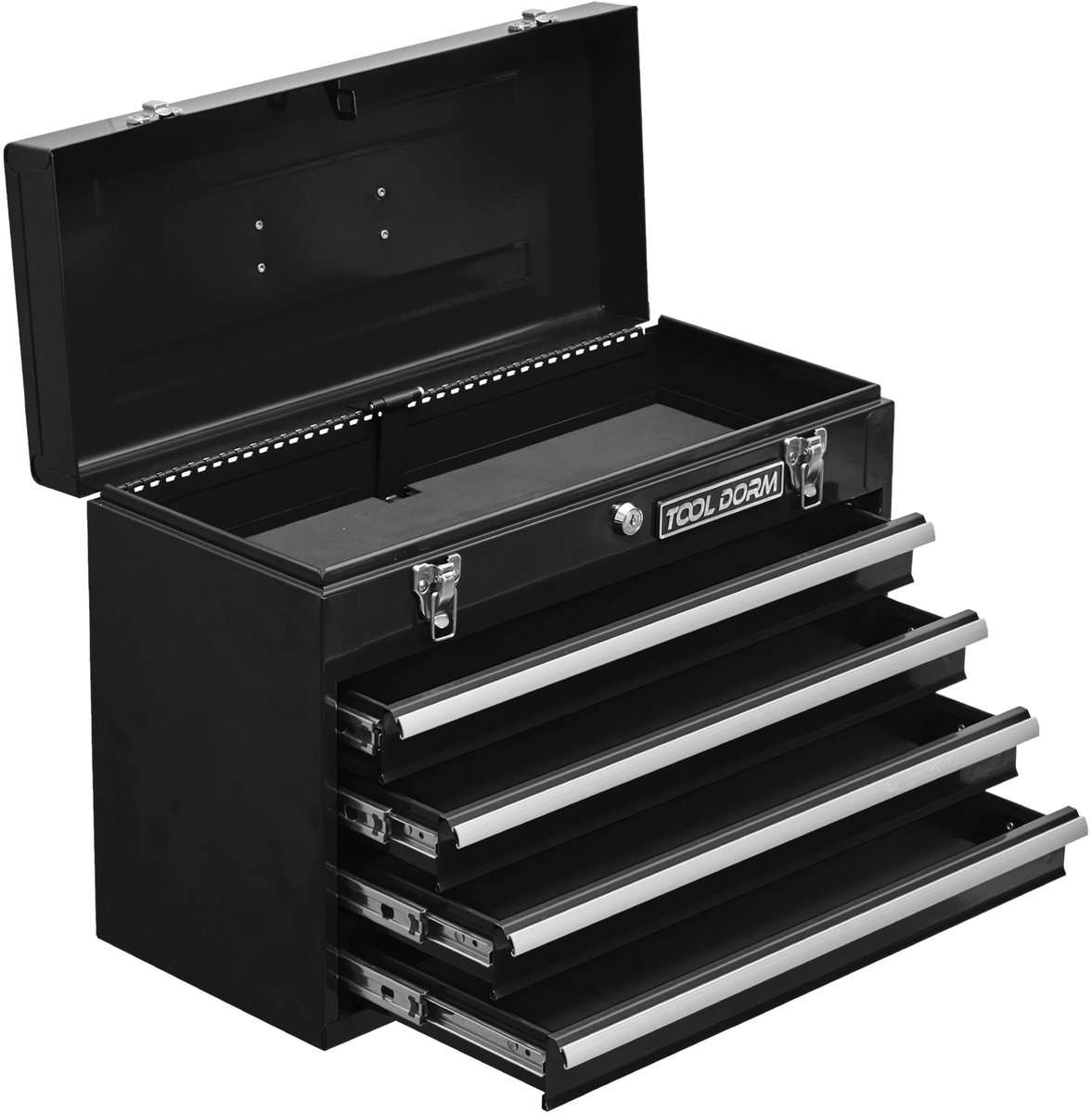 MEUNIQ Metalen gereedschapskoffer met 4 lades en bovenste opbergruimte, 51,5 x 23,1 x 35,5 cm, draagbare gereedschapskist met slot, zwart