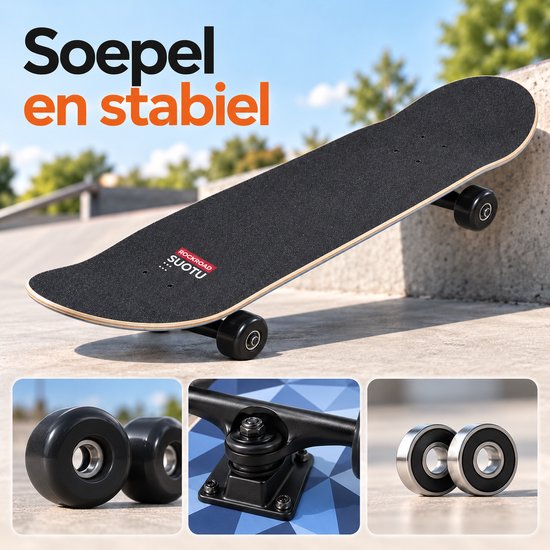 Zwarte skateboard met de tekst 'Soepel en stabiel'. Close-ups van de wielen, truck en lagers.