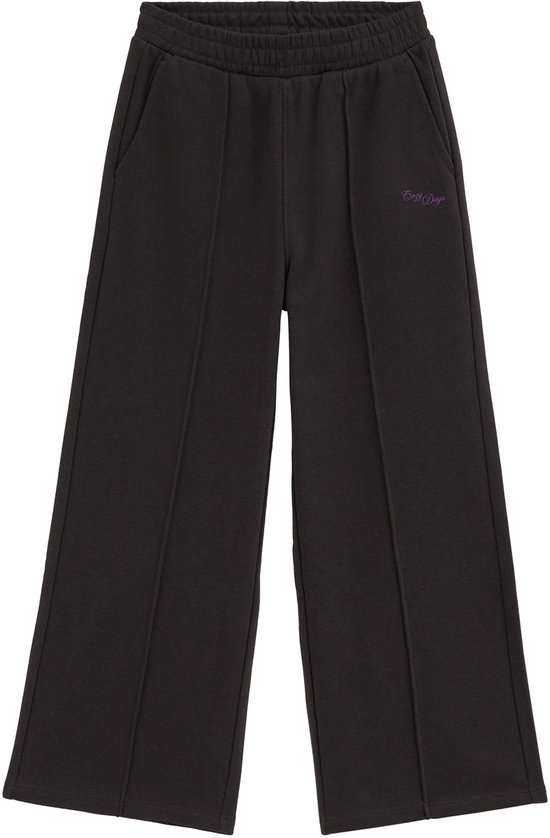 Donkergrijze meisjes sportbroek met wijde pijpen en paars borduurlogo
'Cozy Days'.
