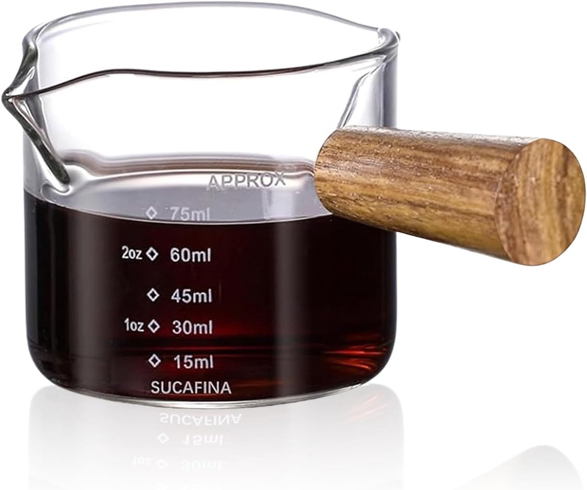 Espresso Maatbeker met Houten Handvat 75ml, Dubbeluitloop Glazen Koffiebeker en Melkkan voor Thuis en Kantoor, Ideaal voor Koffieliefhebbers en Barista's