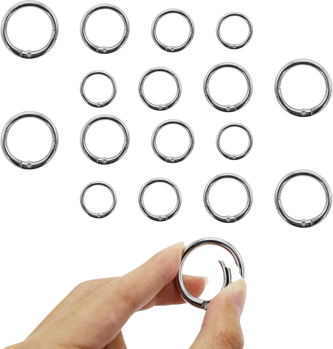 18 stuks sleutelhangers ringen roestvrij staal, ringkarabijnhaak, kleine sleutelring, ronde karabijnhaak, lente O-ring, O-ring karabijnhaak zilver (binnendiameter 13/16/19/25mm)