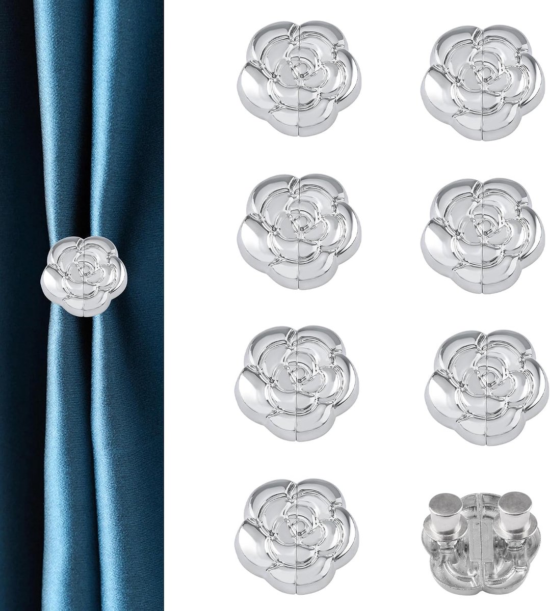 8 paar Camellia Clover Magnetische Gordijnsluiting Decoratieve Afneembare Gordijn Gesp voor Binnen Buiten Gebruik Houd Gordijnen Gesloten Voorkom Lichtlekkage (Zilver)