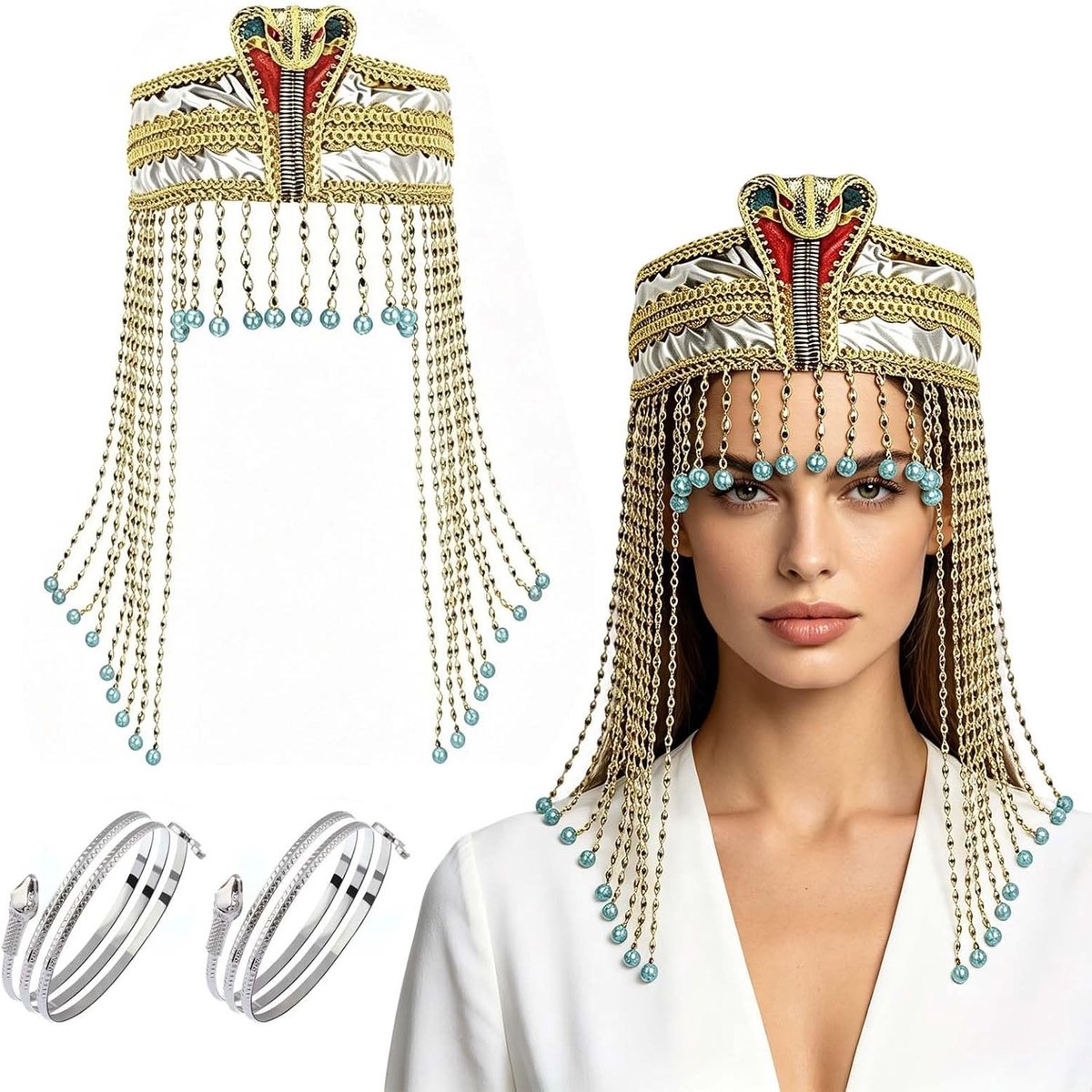 Egyptisch Kostuum Accessoires Set met Cobra Hoofddeksel, Slangenarmbanden en Edelsteen Armband voor Schoolprojecten, Egyptische Dagen en Feestjes