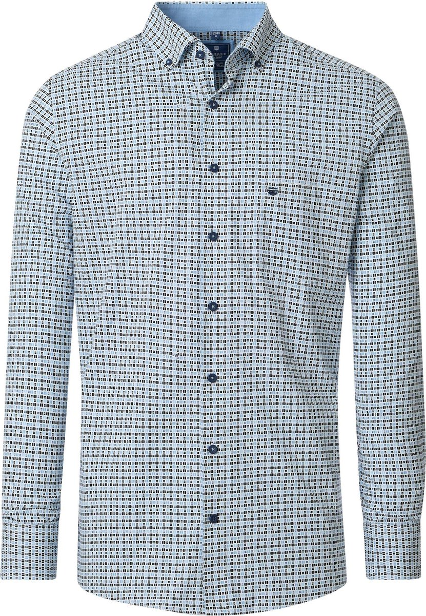 Redmond modern fit overhemd - popeline - wit - lichtblauw - zwart dessin