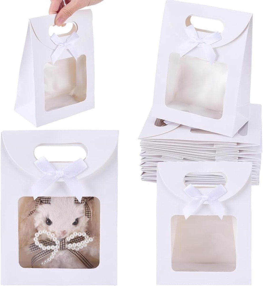 24 stuks kraftpapieren zakken met doorzichtig venster, 6,3 x 2,4 x 4,7 inch sta-geschenkzakje met handvatten, mini-witte geschenkzakjes, bulk voor snoep, koekjes, huwelijksgunsten