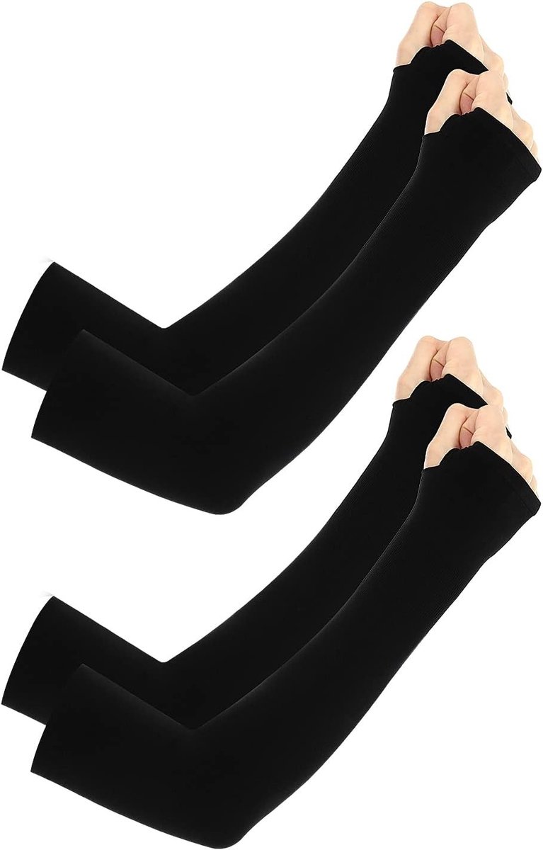 Mannelijke en vrouwelijke arm sleeves voor UV-bescherming, verkoeling en compressie met duimopeningen - 2 paar zwart