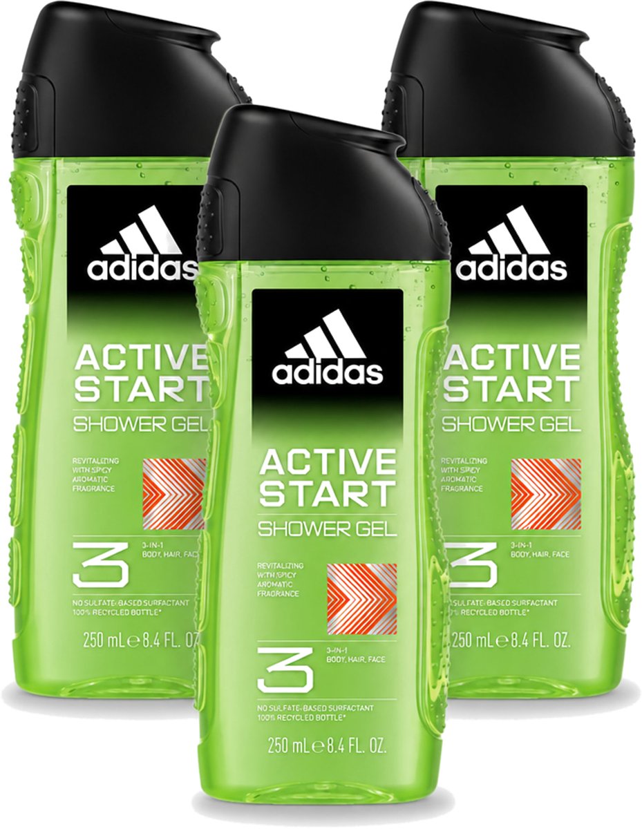 3 x Adidas - 3-in-1 Douchegel - Active Start - Kruidige Geur - Gerecyclede Verpakking - 250 ml - Voordeelverpakking - 3 stuks