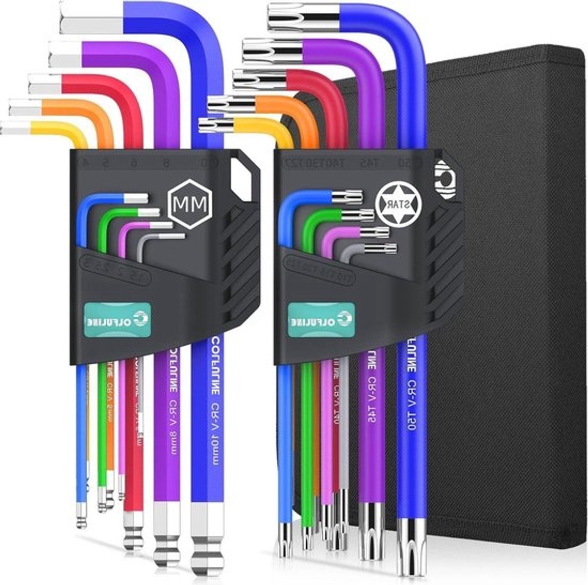 18 Pieces Hex Socket Set - Professional Hex Key Set with Ball Head 1.5-10 mm - Angle Wrench Set - Plum Head Torx Set T10-50 - Multicolor
