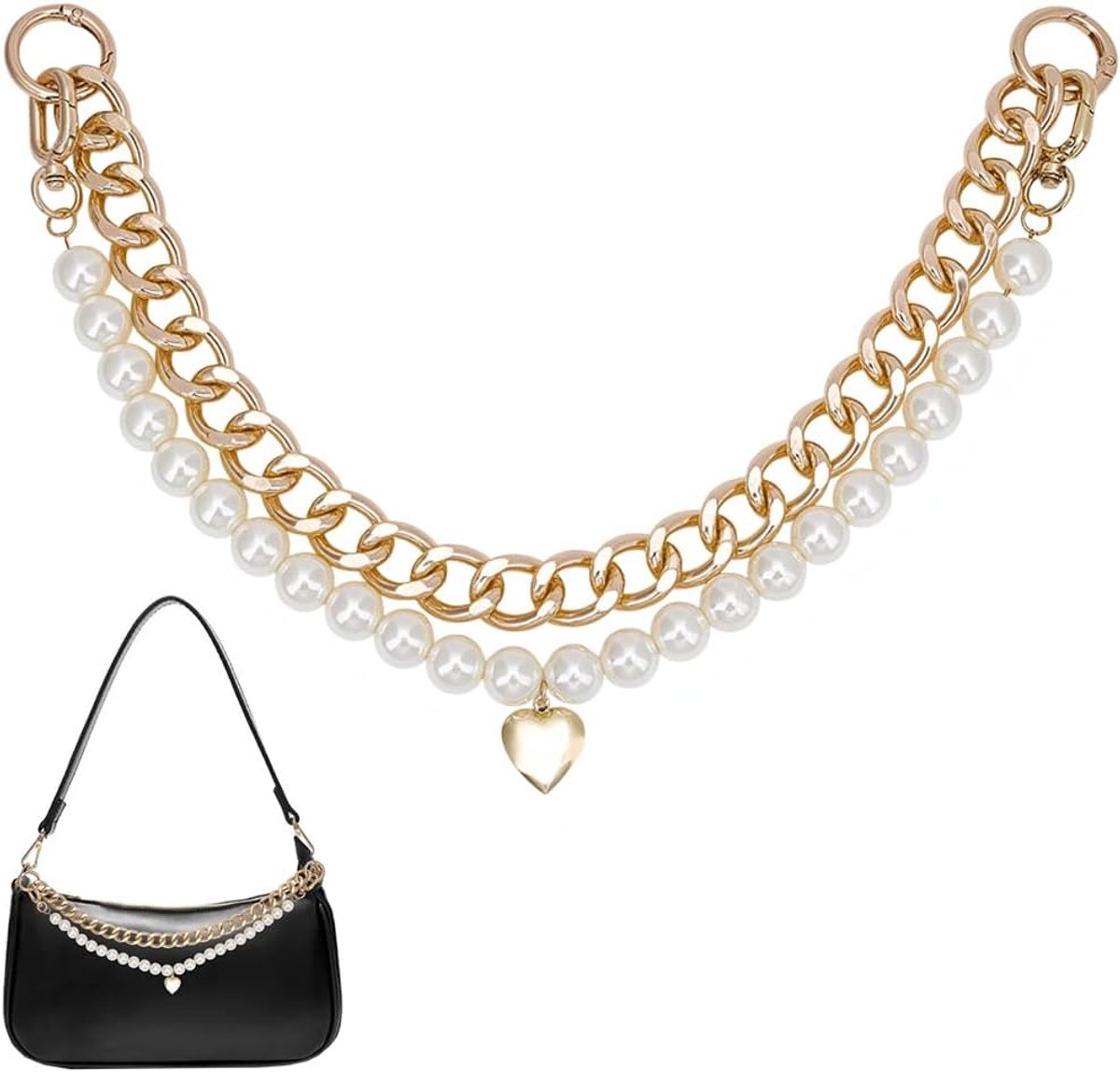 2-delige set met 2 hangers voor tassen, verlengketting met witte parels en hartvormige hanger van 47 cm, gouden schakelketting, sleutelhanger, tas-accessoires
