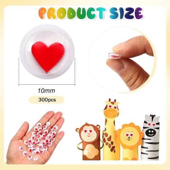 300 Stuks Zelfklevende Googly Eyes 10mm Hartvormig Rood Wit Kunststof Wiebelogen voor Scrapbooking Craft Supplies — afbeelding 2