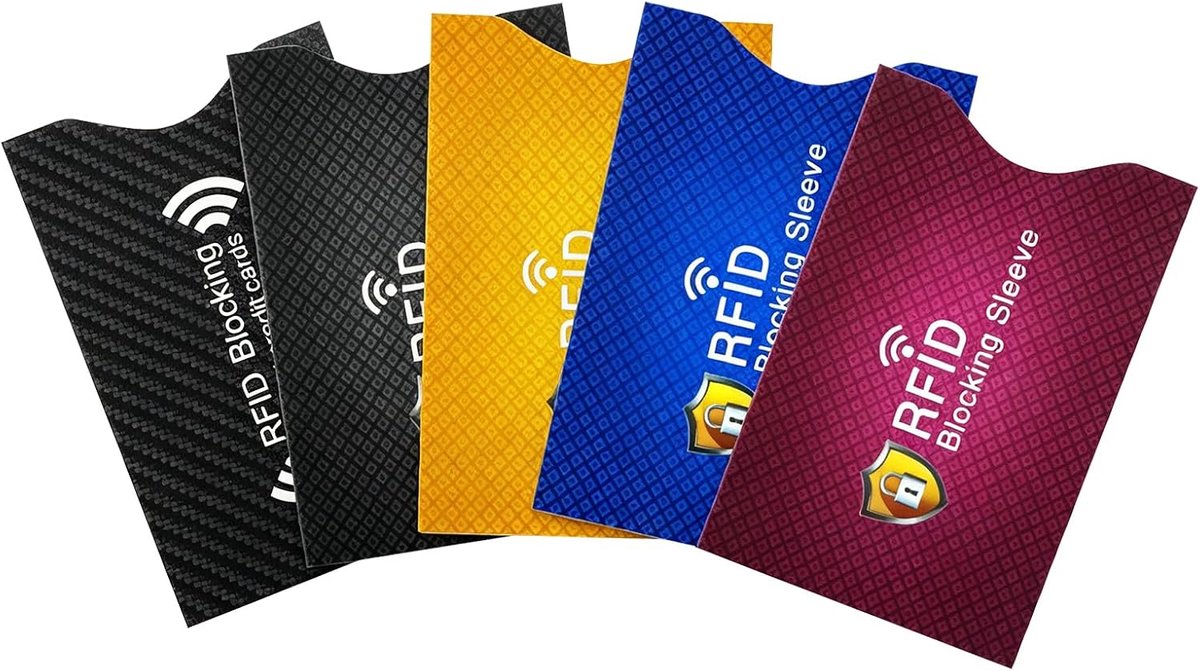 5 RFID-blokkeringshoezen, 5 kleuren, TÜV-gecertificeerd, diefstalbescherming voor creditcards, debetkaarten, paspoort