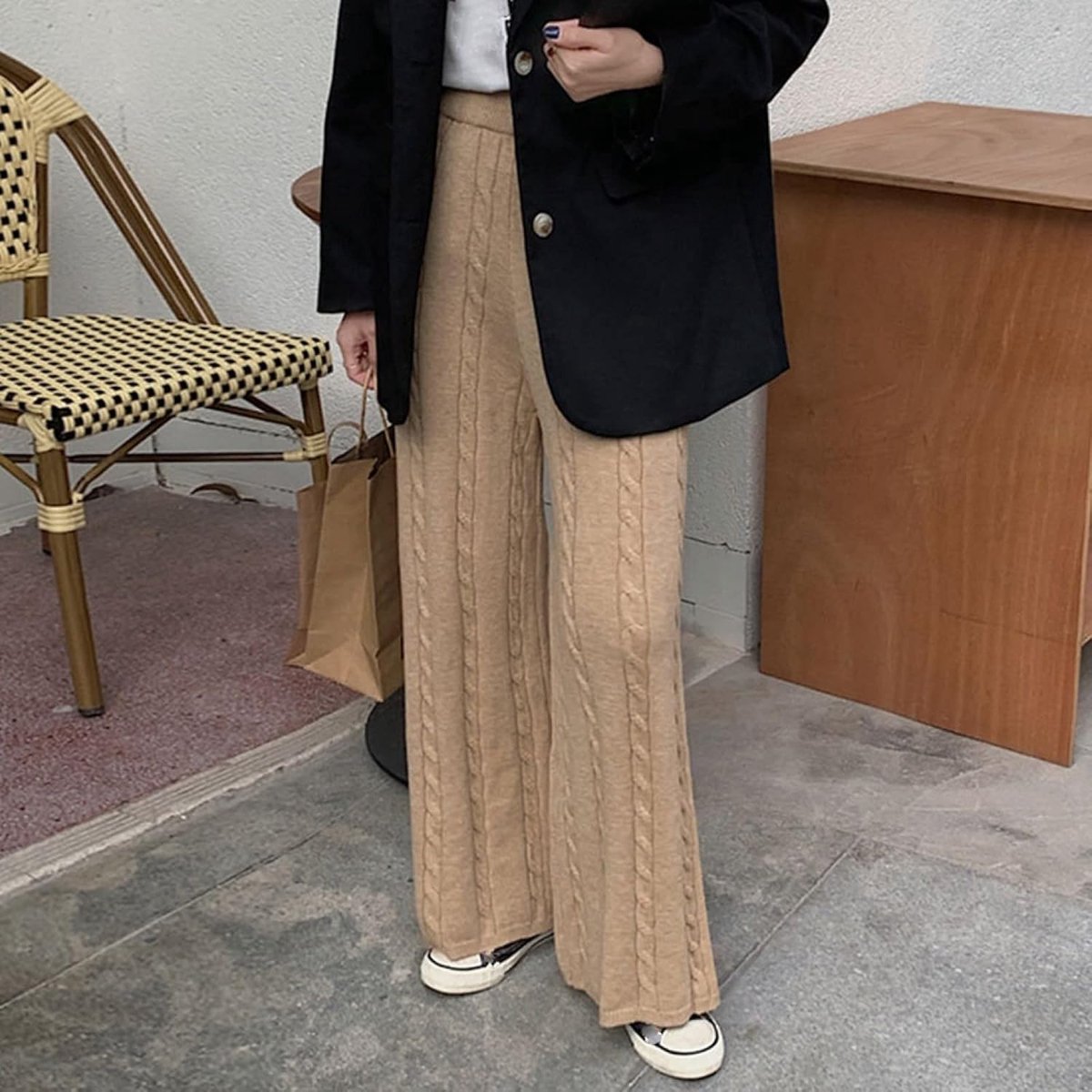 Gebreide Broek Met Wijde Pijpen - Herfst Winter Dames Rechte Pijpen Broeken Warm Modieus Geribbeld Camel Losse Hoge Taille Dweilbroek Casual Dames Elegant Kerstmis Nieuwjaar Geschenk,Camel,On
