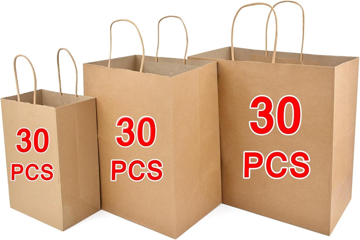 90 stuks papieren zakken met handvat, gemengde maten, kraftpapieren zakjes, bruin, kleine cadeauzakjes, papieren tassen, papieren draagtassen voor zaken, boodschappentassen, detailhandeltassen