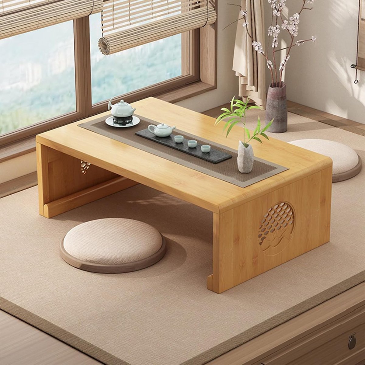 Chinese Thee Vloertafel Japanse Opvouwbare Salontafel Altaartafel for Meditatie Lage Draagbare Opvouwbare Tatami Tafel for Woonkamer, Eetkamer, Woondecoratie (Hout, L)