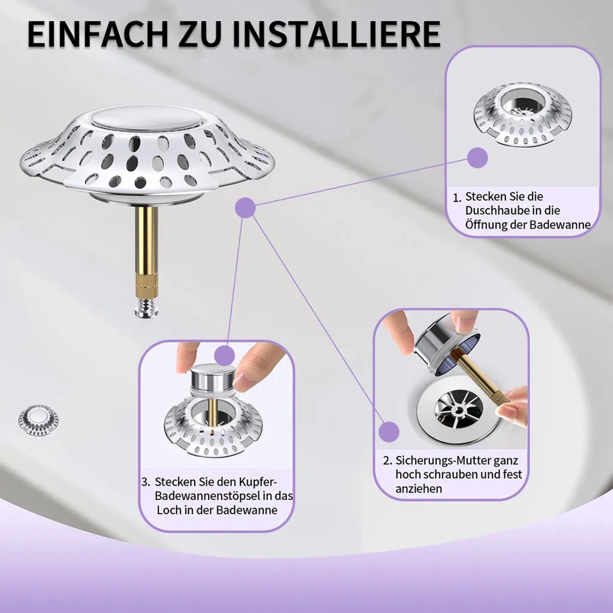 2-in-1 badstop, verchroomd messing, Geschikt voor haarfilter, in hoogte verstelbaar van 38-44 mm.