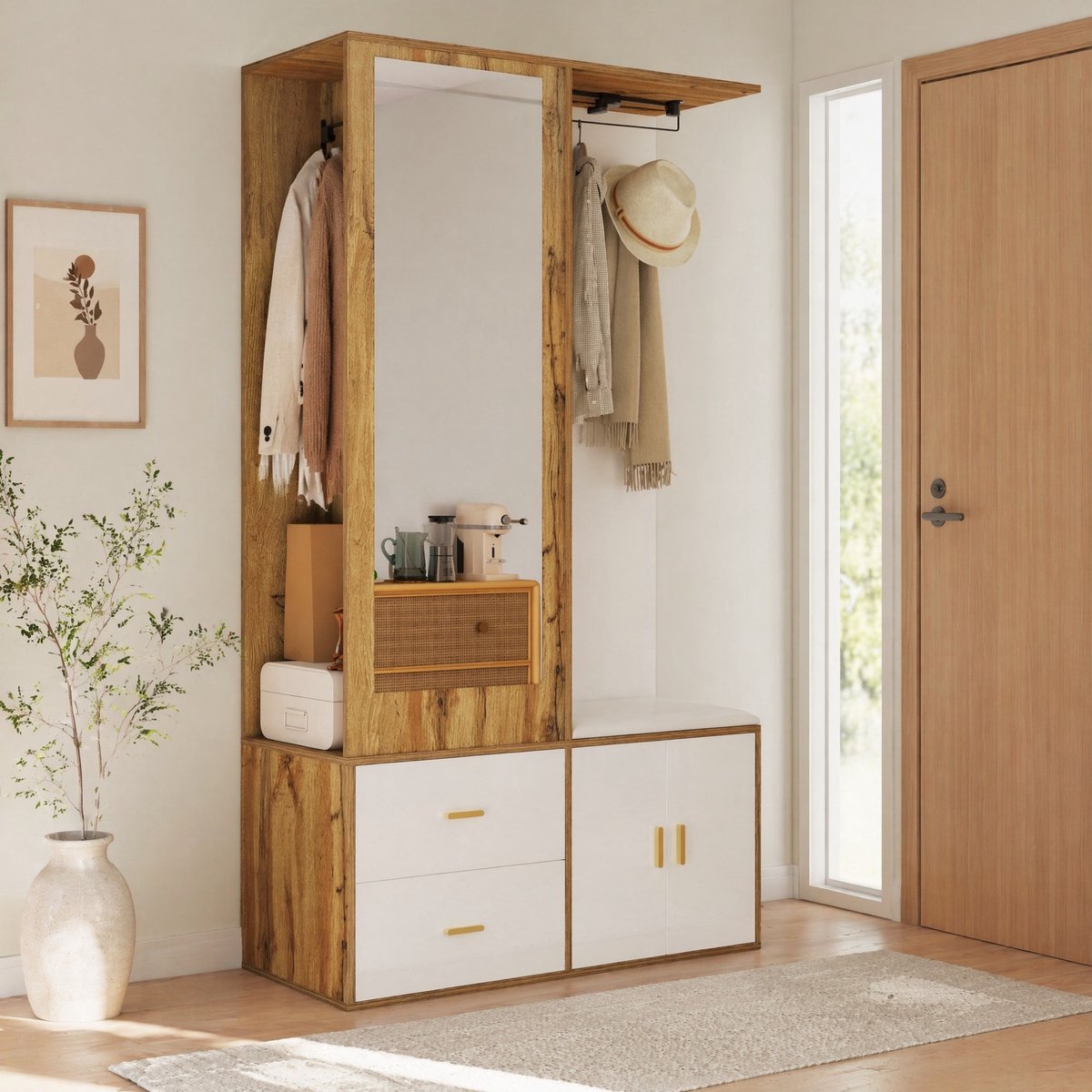 MEUNIQ Schoenenkast 100 x 38 x 180 cm met spiegel, kapstok, 2 haken, uitschuifbare kledingstang, lade en schoenenbank voor hal – wit en houtkleur