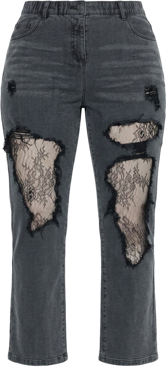 Ulla Popken - Dames - Jeans Marie kant destroyed effecten hoge taille - Donkergrijs denim - Maat 52