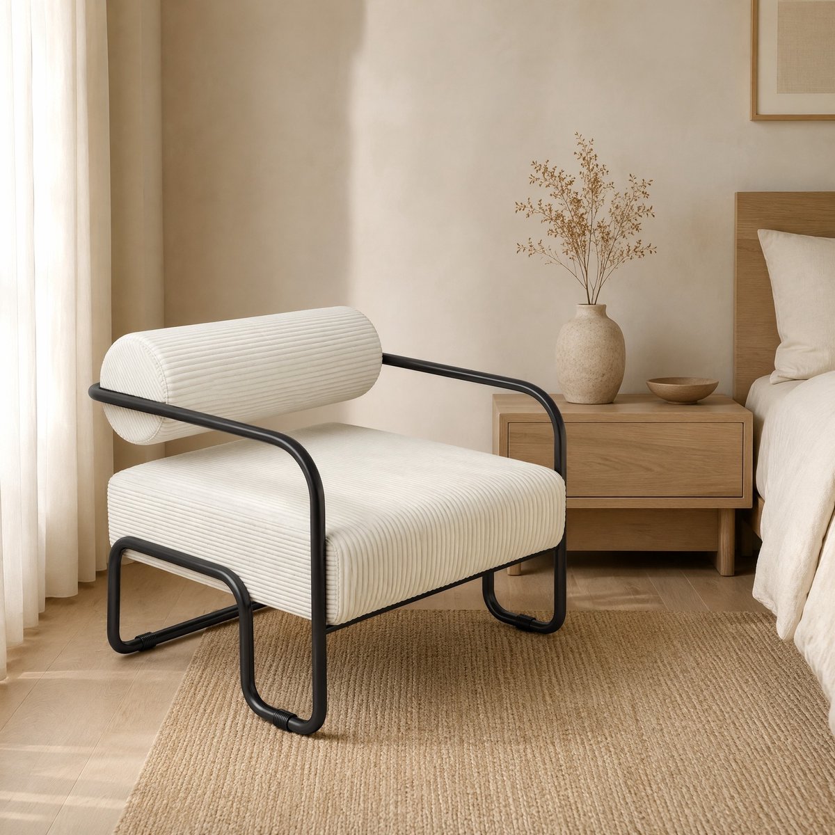 MEUNIQ Loungefauteuil met ribfluwelen bekleding en armleuningen – 68,5 x 73 x 70,5 cm, zwart metalen frame, 130 kg draagvermogen, beige